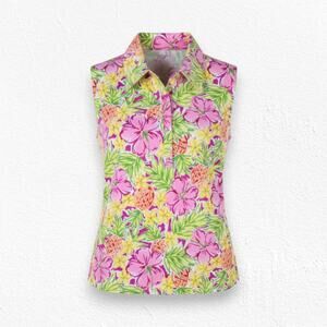 Boston Proper Yellow Tropical V Neck Sleeveless Island Collared Top Size Small